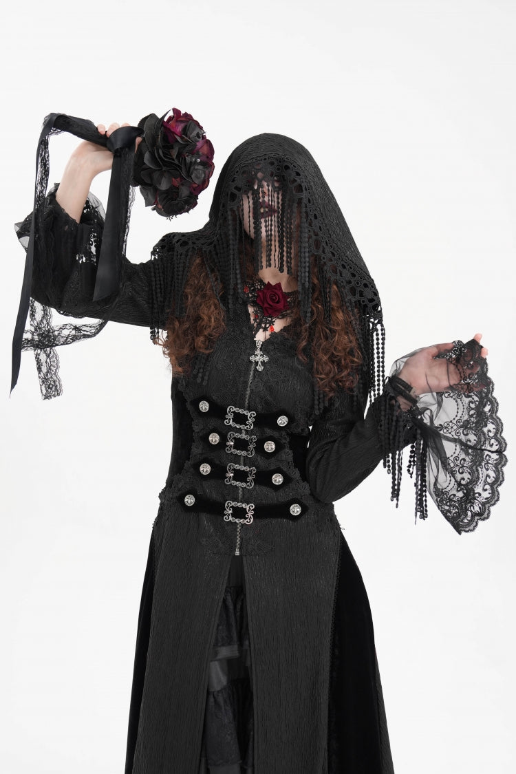 Black Buckle-up Tassels Hooded Women's Gothic Coat