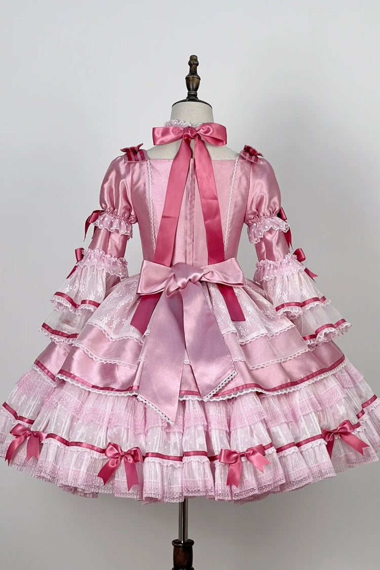 Pink [Velvet Cake] Long Trumpet Sleeves Multi-Layered Ruffle Bowknot Lace Sweet Lolita Dress