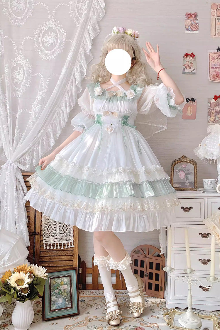 Green [Spring of Boliya] Long Sleeves Multi-Layered Ruffle Bowknot Lace Lace-Up Sweet Princess Lolita Dress