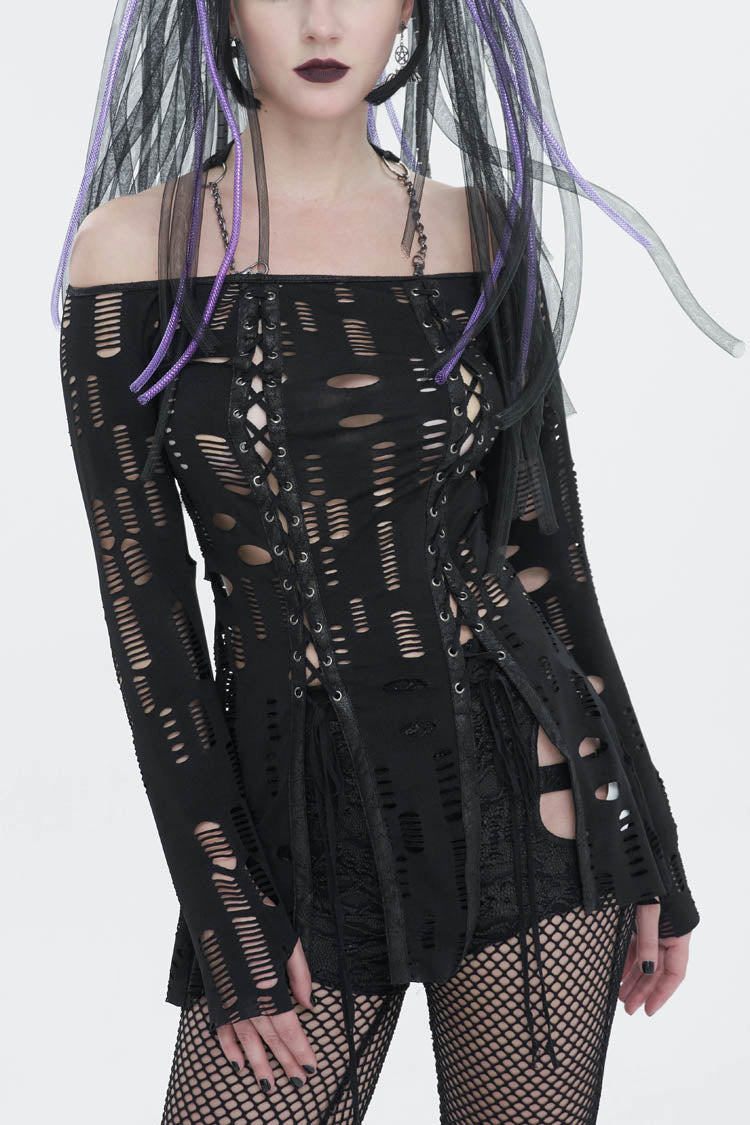 Black Elastic Ripped One Shoulder Rope Style Halter Neck Long Sleeves Women's Gothic T-Shirt