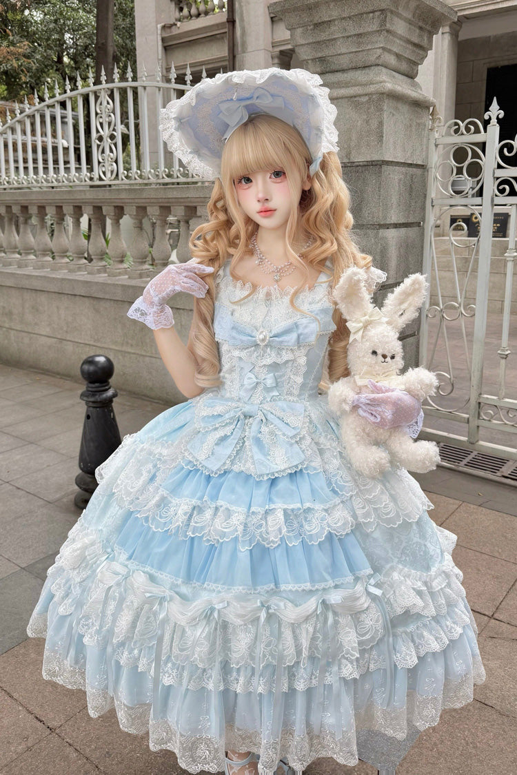 Rosa [Ewige Blumenbotschaft] Ärmelloses, mehrschichtiges Hanayome-Kleid mit bestickter Schleife und Spitze, süßes Lolita-JSK-Kleid mit quadratischem Kragen