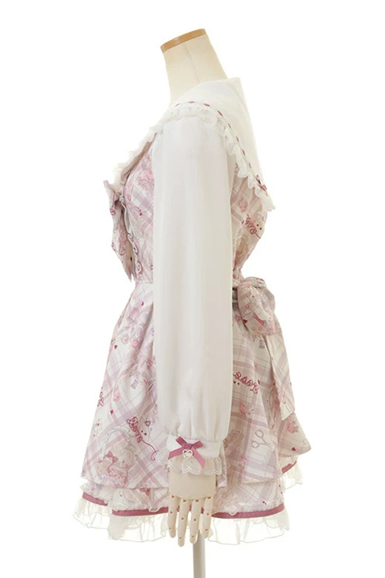 [Sewing Bear] Long Sleeves Print Bowknot Lace Sweet Jirai Kei Plus Size Dress 3 Colors