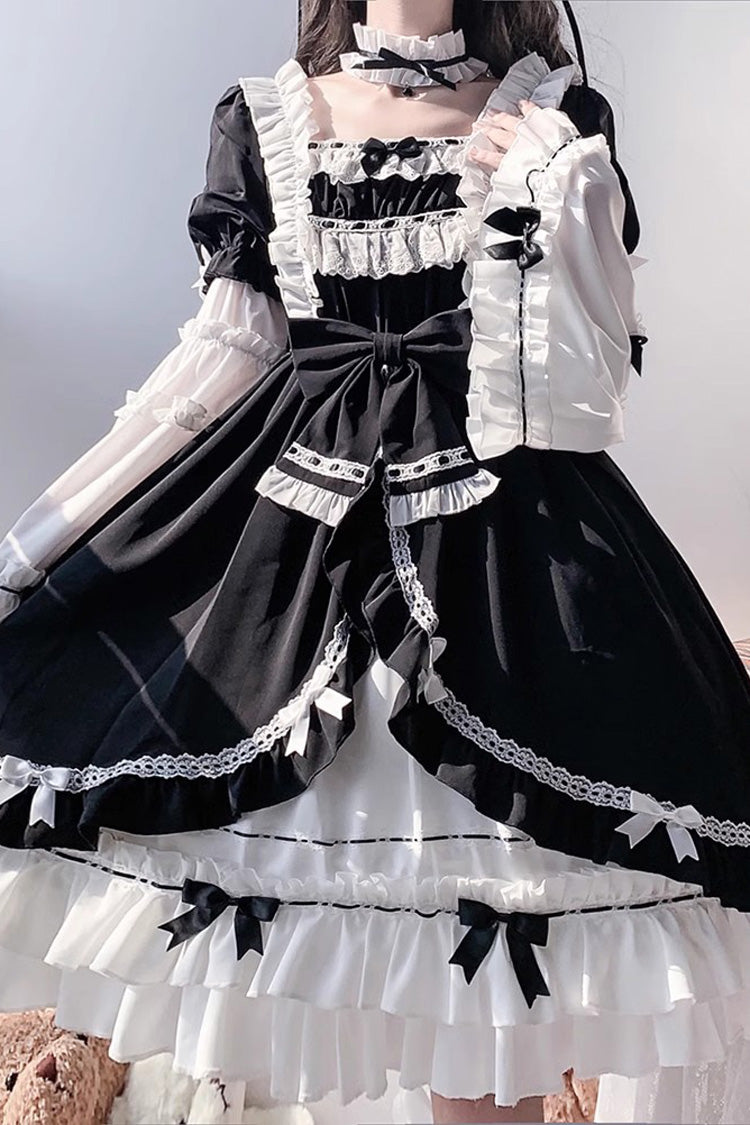 ホワイト/ブラック姫袖多層フリルカーディガンちょう結びゴシックプリンセスロリータドレス