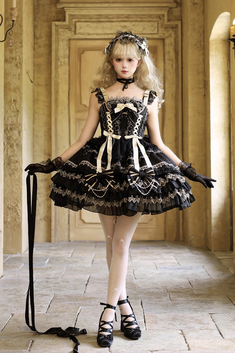 Black [Gilded Memories] Sleeveless Double-Layered Ruffle Hot Stamping Bowknot Lace Sweet Lolita Jsk Dress