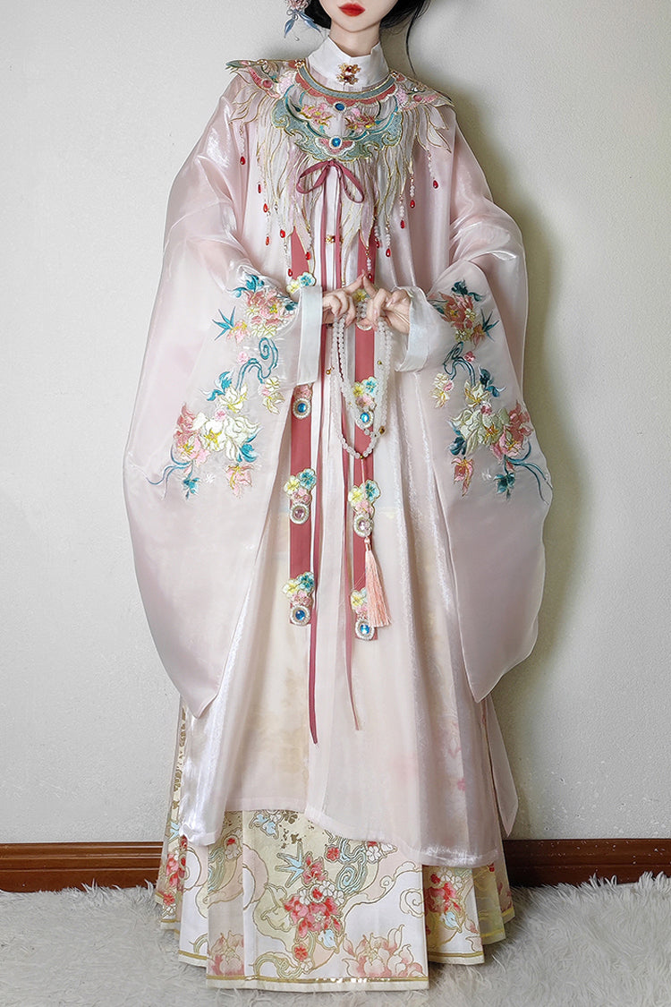 Pink Collar High Waisted Print Embroidery Women's Sweet Classic Hanfu Dress Full Set