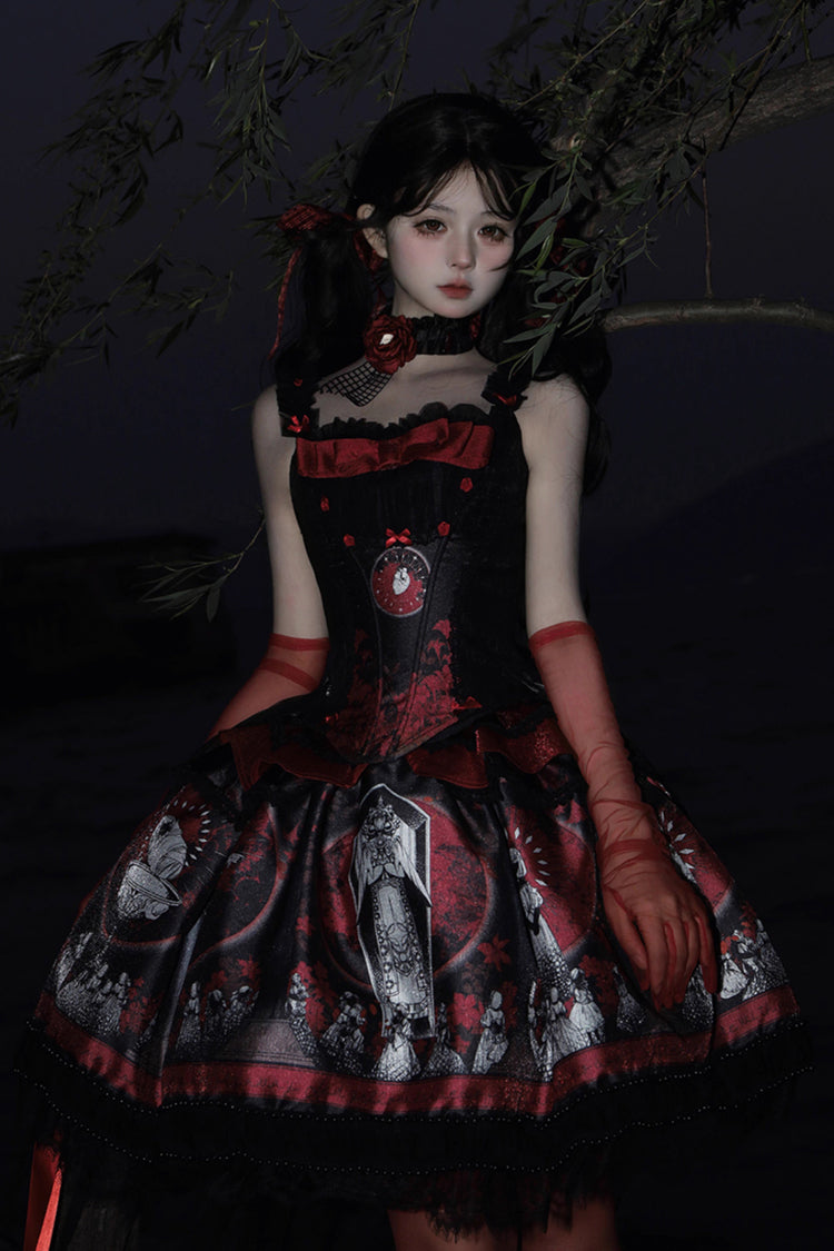 Red [Dark Moon Corridor] Print Embroidery Gothic Lolita Dress Skirt