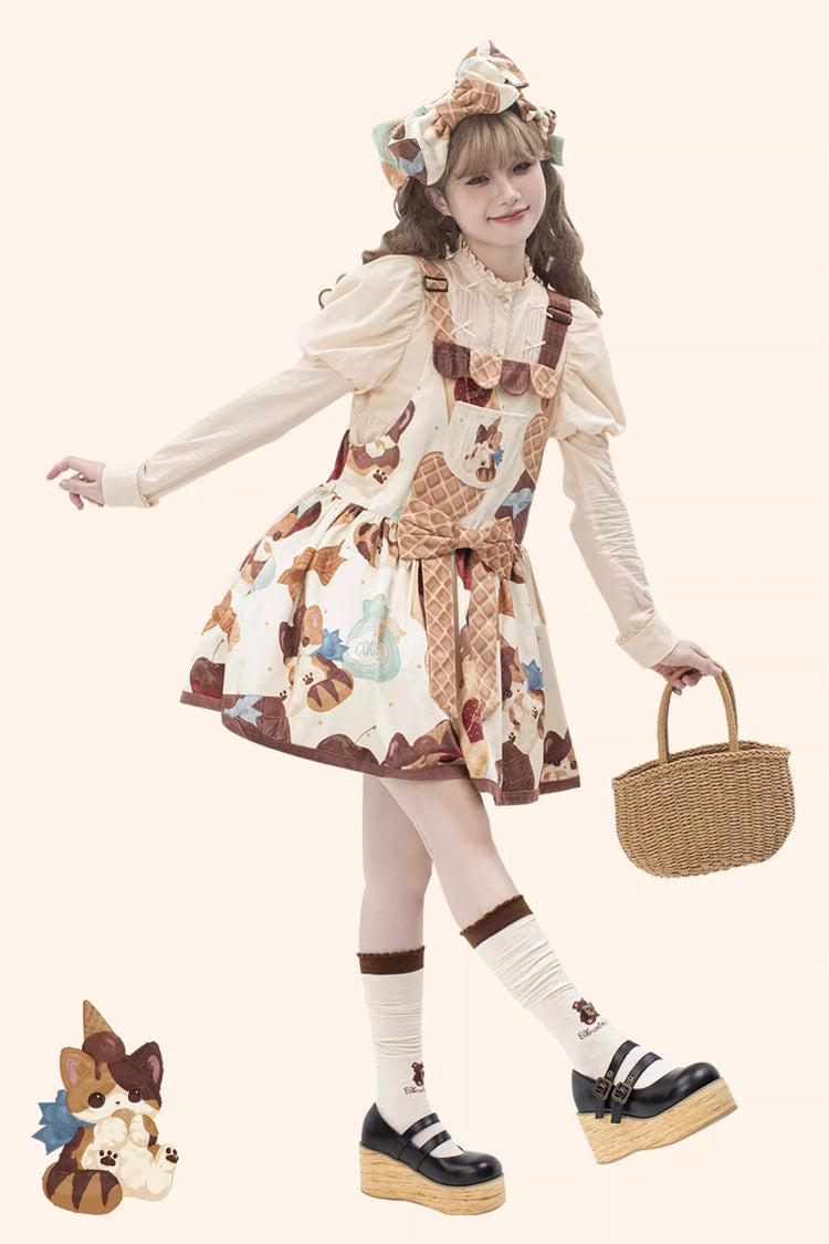 Multi-Color Sleeveless Muffin Kitten Print Bowknot Sweet Lolita Strap Dress