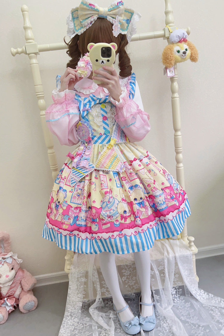 [Bunny Pastry Chef] Print Bowknot Gothic Japanese Lolita Jsk Dress 3 Colors