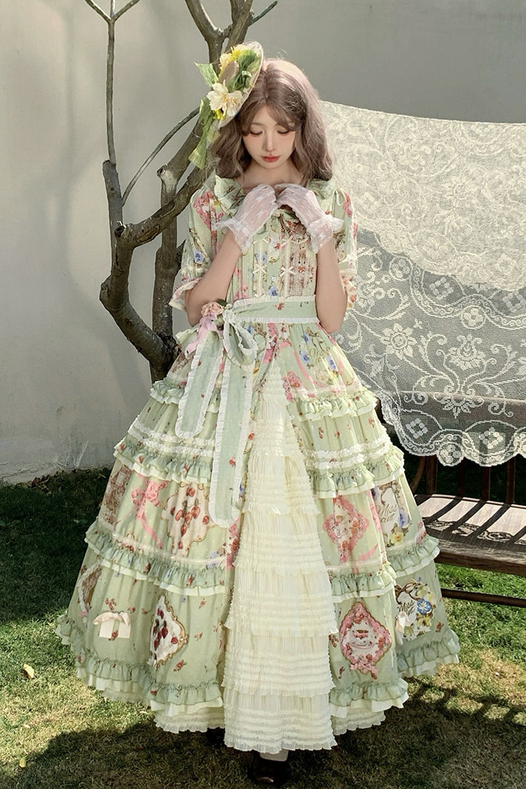 Robe Lolita douce et magnifique à manches courtes avec imprimé à volants et nœud papillon [Thé de Rose Chat Vert] 