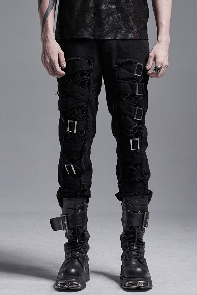 Black Metal Buckle Bandage Hollow Stitching Irregular Ripped Men's Gothic Pants