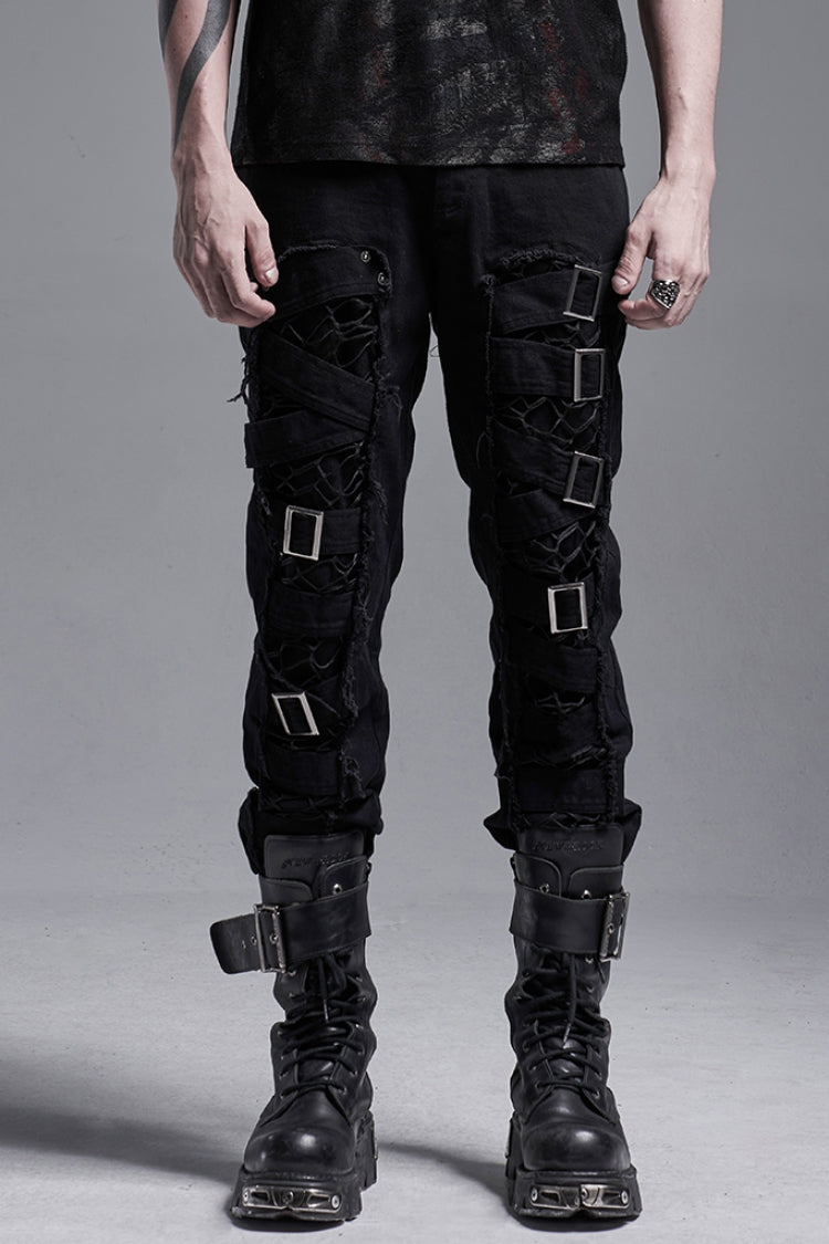 Schwarze Metallschnalle Bandage Hohlnähte Unregelmäßig zerrissene Gothic-Hose für Herren