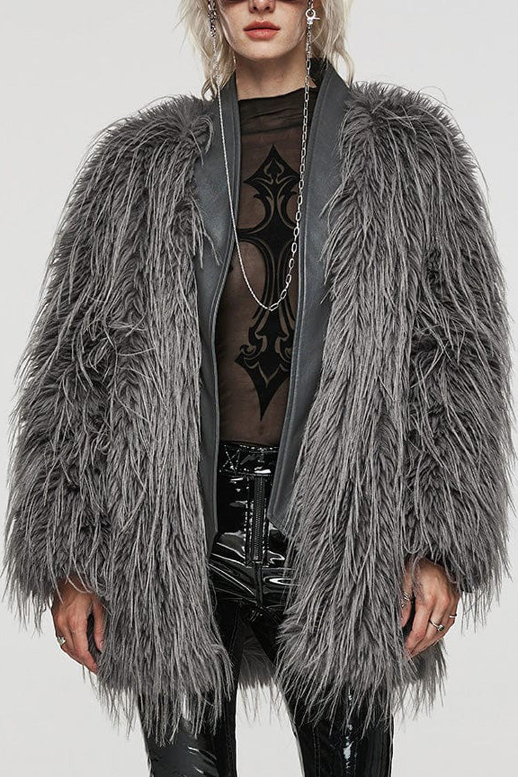 Grey Faux Fur Wool Side Long Sleeves Stitching Womens Gothic Elegant Coat
