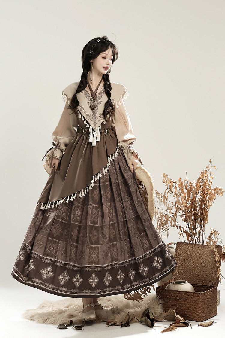 Brown [Mysterious Tribe] Long Lantern Sleeves Print Ruffle Asymmetric Sweet Chinese Style Lolita Dress