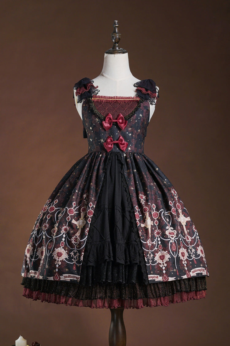 Red/Black [Stone of Eden] Triple-Layered Print Ruffle Hot Stamping Cardigan Bowknot Lace Elegant Sweet Lolita Jsk Dress