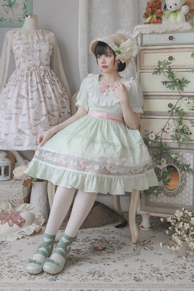 Green Short Sleeves Rose Print Ruffle Bowknot Sweet Lolita Dress