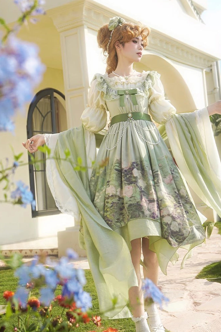 Green [Blooming Roses] Print Oil Painting Chiffon Ruffle Bowknot Irregular Sweet Lolita Jsk Dress