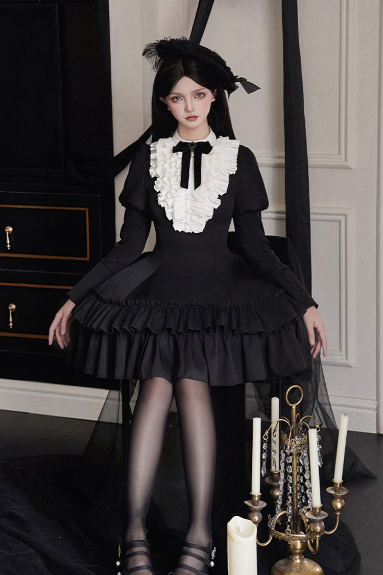 Black [Miss Weir] Stand Collar Long Sleeves Double-Layered Ruffle Gothic Lolita Dress