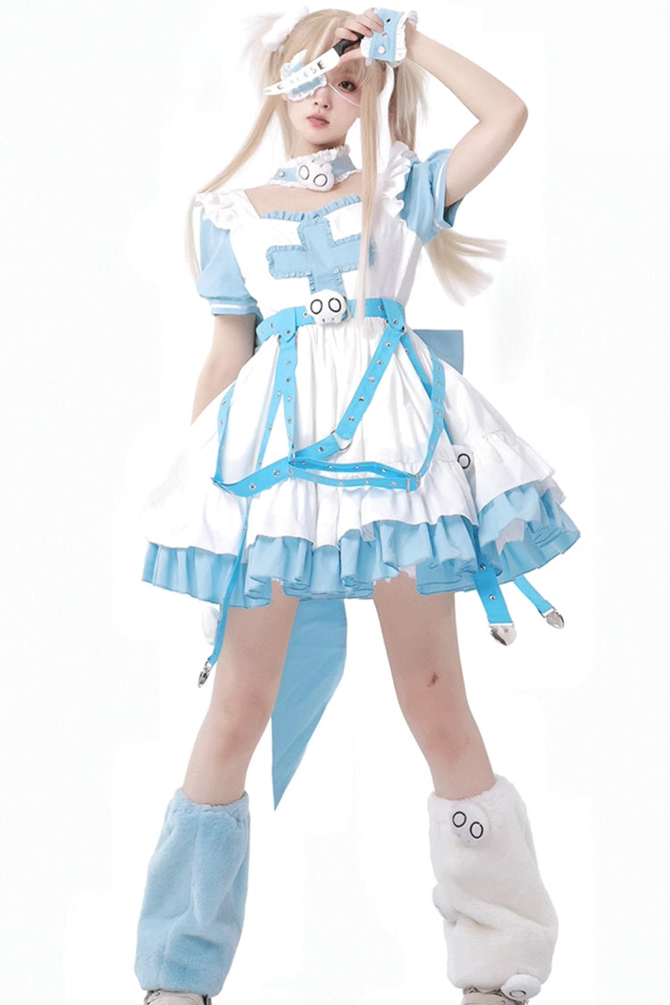 White/Blue [Treatment Room] Short Sleeves Ruffle Embroidery Jirai Kei Dress Set