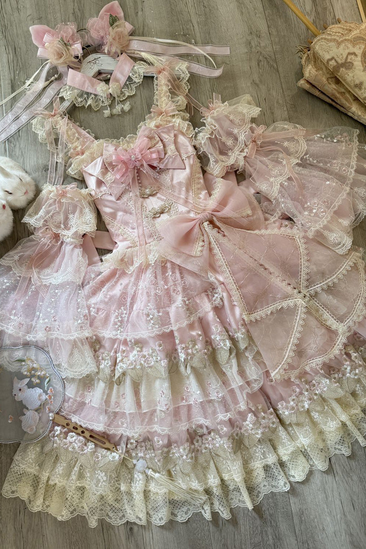 Robe Lolita Jsk style chinois doux sans manches à volants broderie nœud papillon rose [Fleurs tombant sous la pluie] 