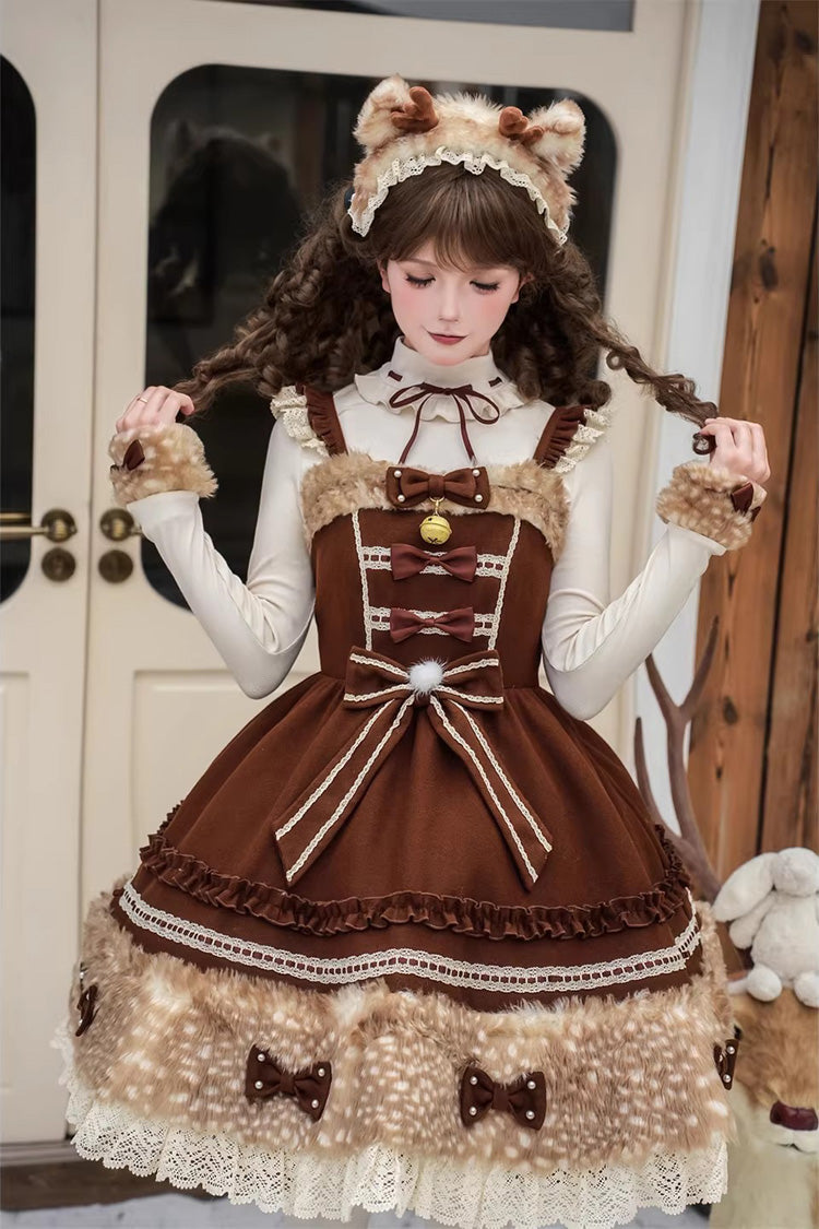 ブラウン [ヘーゼルナッツ ムース] ノースリーブ フリル リボン プラッシュ スイート JSK ドレス