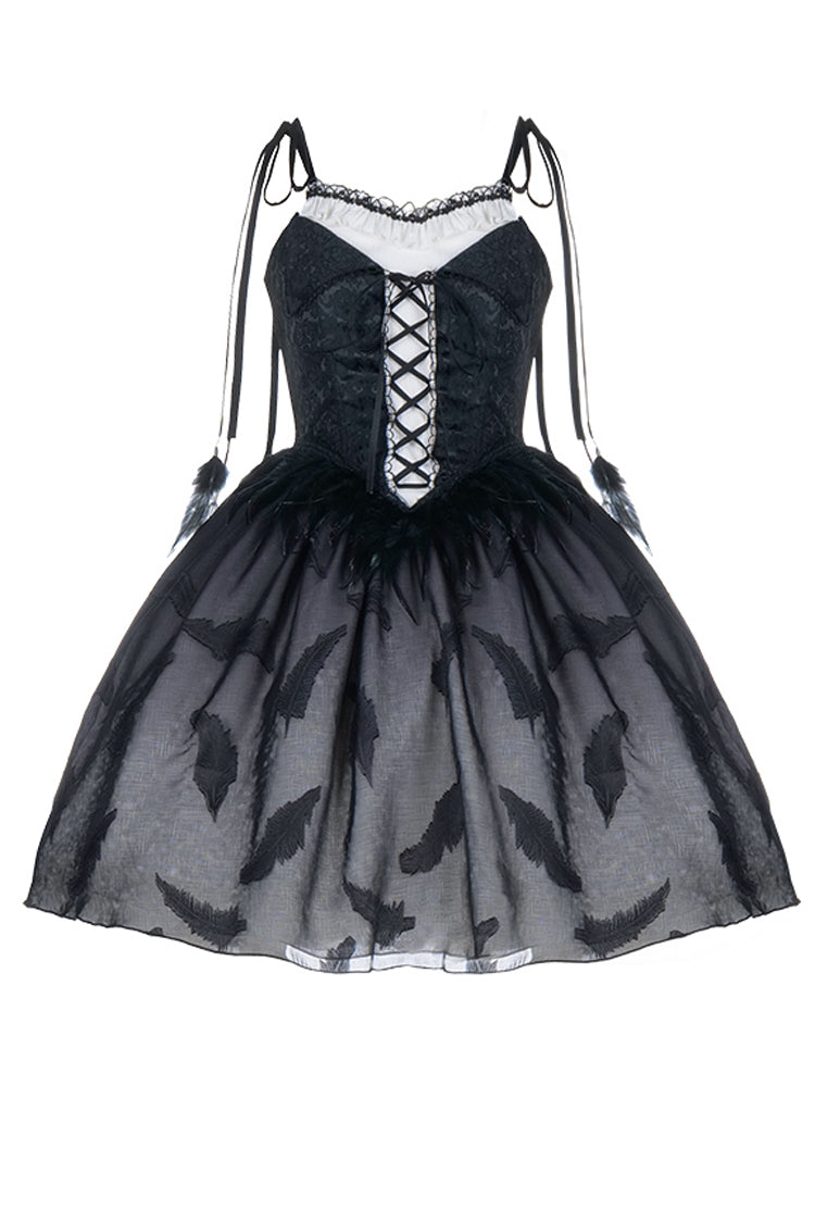 Silent Melody Elegant Black Swan Ballet Feather Print Gothic Lolita Jsk Dress