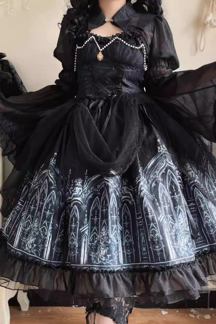 Black Sleeveless Church of Silent Night Print Ruffle Gothic Lolita Jsk Dress