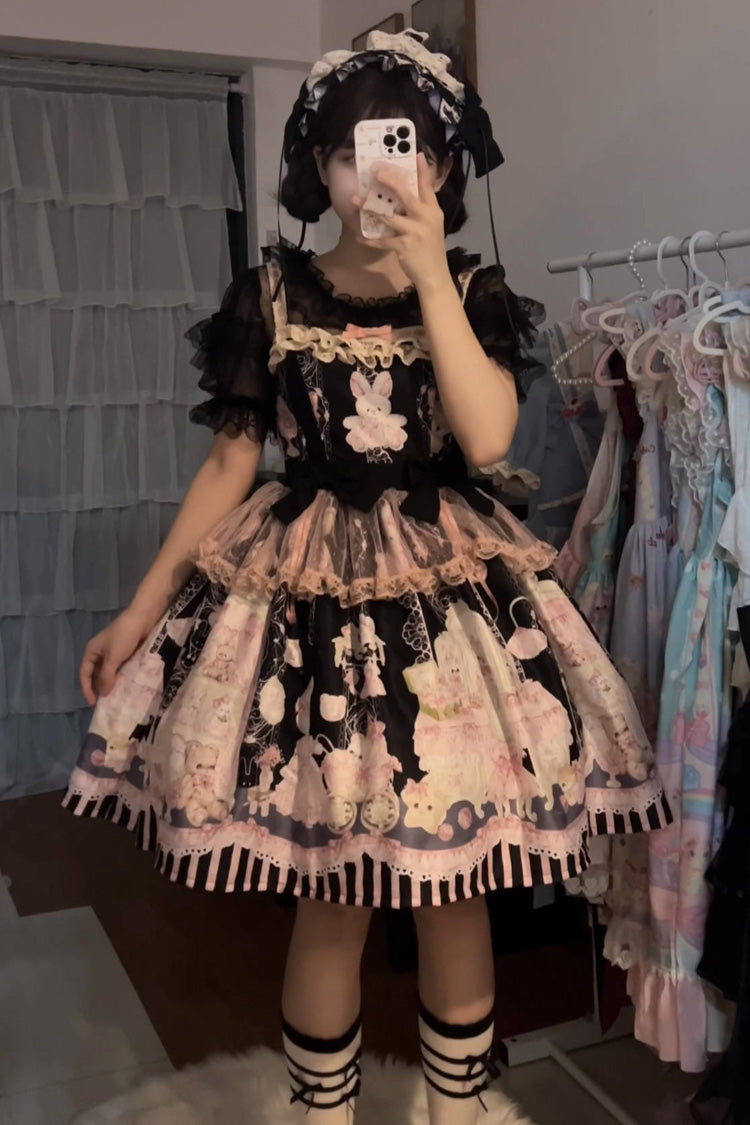 Rabbit Bear Wardrobe Print Ruffle Bowknot Sweet Lolita Dress 3 Colors