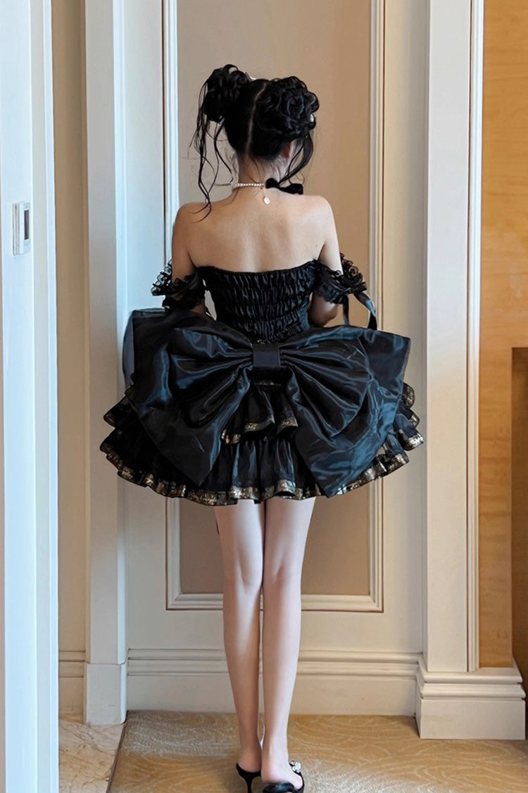 Black [Princess Ribbon] Off Shoulder Triple-Layered Ruffle Bowknot Sweet Lolita Dress