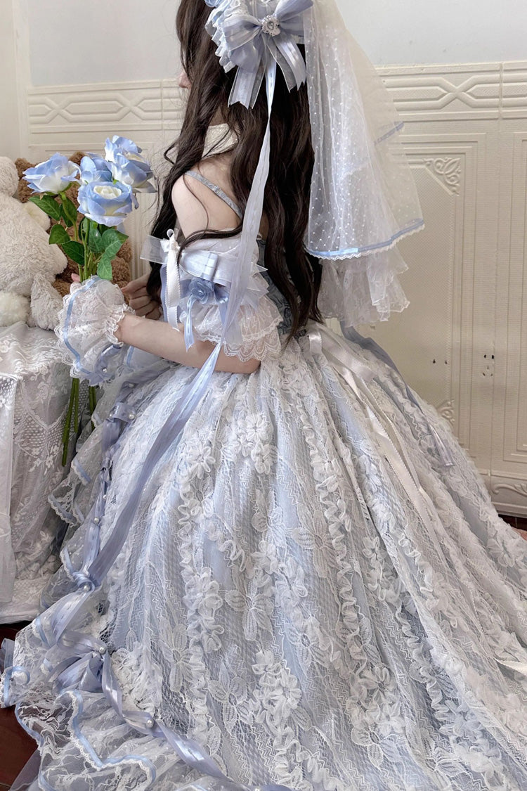 Blue [Diane Rose] Short Sleeves Multi-Layered Jacquard Ruffle Hanayome Cardigan Bowknot Lace Sweet Lolita Dress