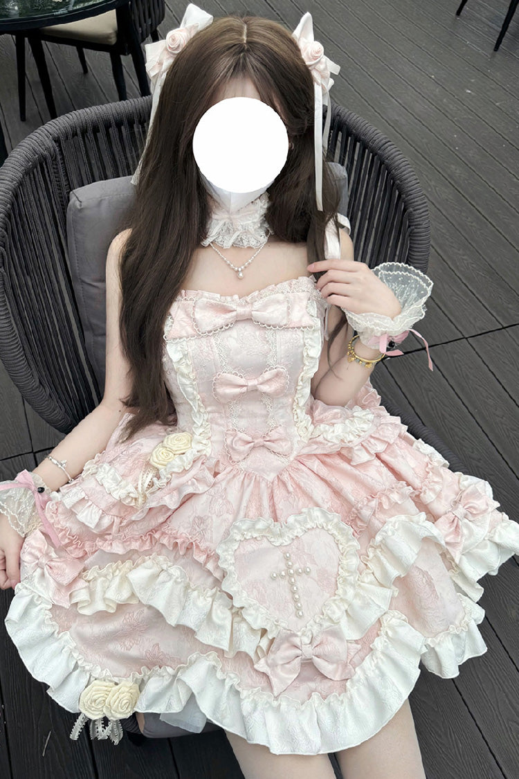 Pink [Heart of Butterfly] Halterneck Sleeveless Multi-Layered Ruffle Embroidery Princess Ballet Lolita Jsk Dress Set