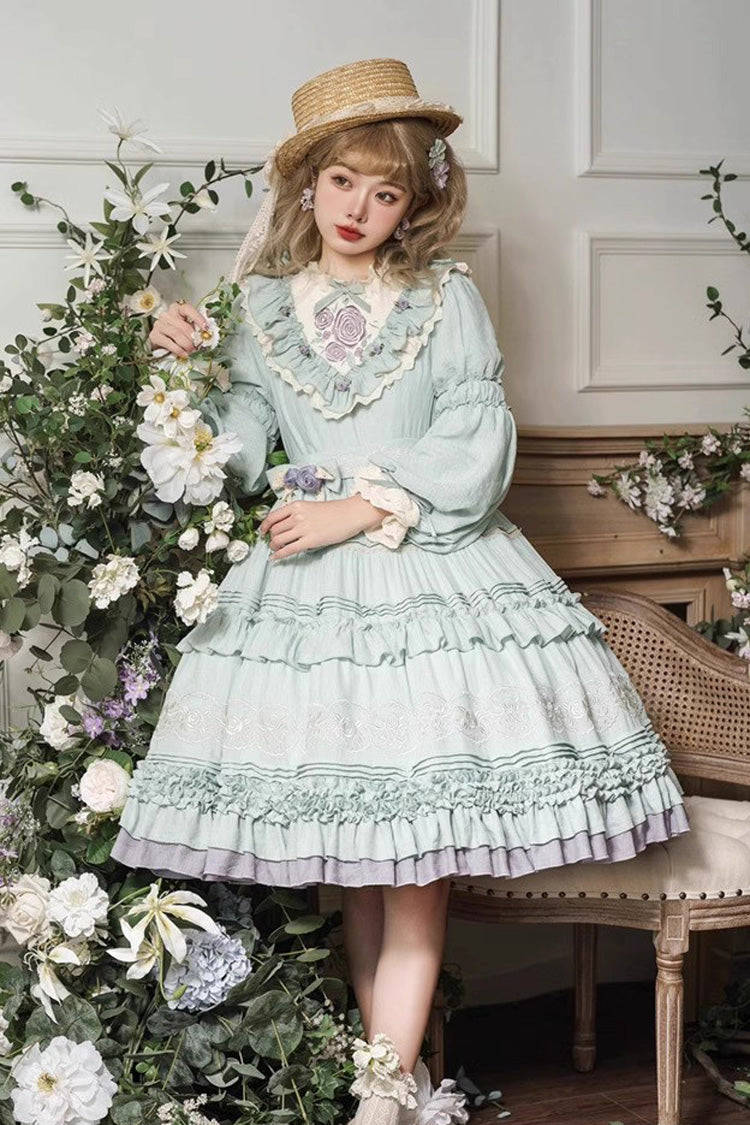 Green Long Sleeves Ruffle Embroidery Bowknot Sweet Plus Size Elegant Lolita Dress
