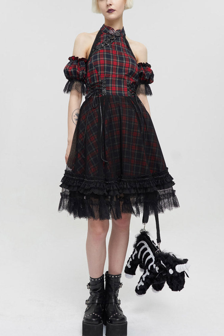 Black/Red Punk Off The Shoulder Plaid Chinese Style Cheongsam Collar Oversized Hem Women's Dress