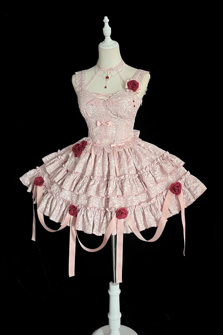 Rosa Weinende Rose Doppellagiges Rüschenstickerei Bowknot Spitze Süßes Ballett Lolita Rock Set