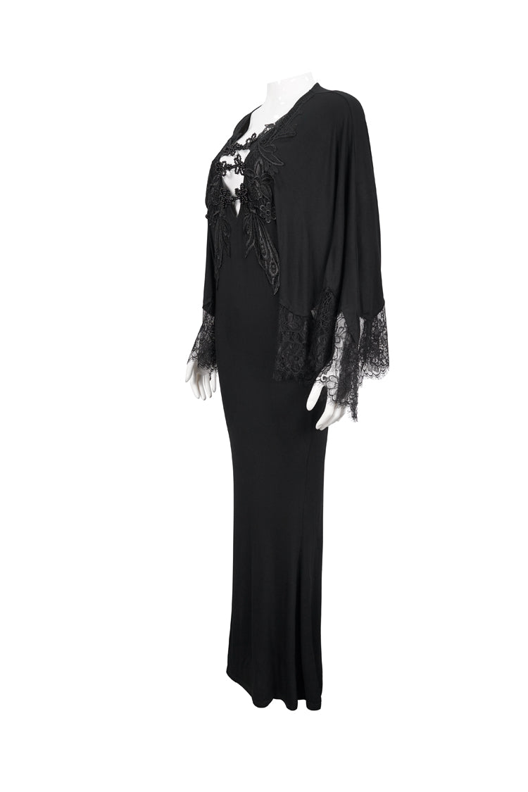 Black Deep V Neck Bat Sleeve Chest Appliqu Lace Bead Buckle Connection Small Fishtail Long Women's Gothic Dress