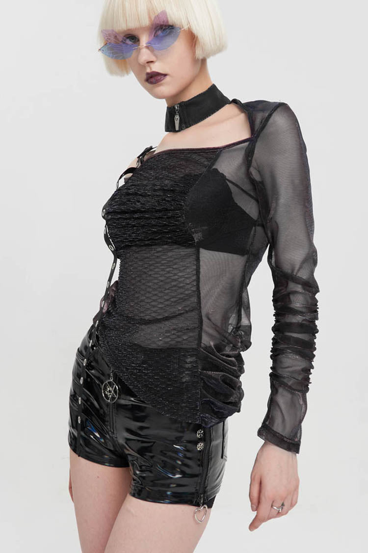 Black Long Sleeve Neck Zipper Asymmetric One Shoulder Strap Mesh Women's Punk T-Shirt