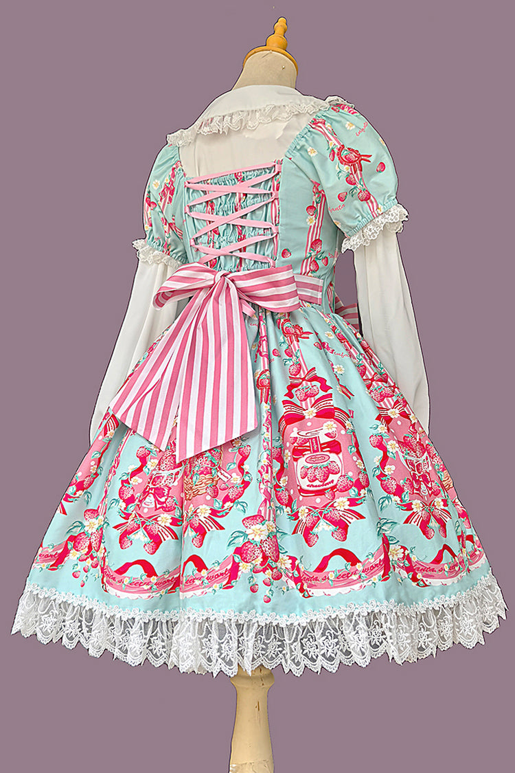 [Strawberry Chef] Short Sleeves Print Bowknot Lace Sweet Lolita Dress 4 Colors