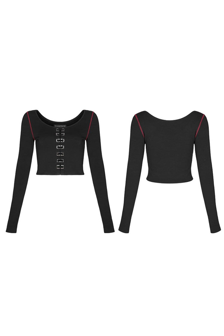 Schwarzes, rundes Kragen, lange Ärmel, vorne mit quadratischen Metallösen verziert, kurzes, enges Punk-T-Shirt für Damen