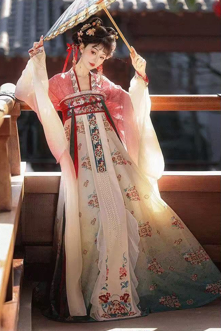 Pink/Blue High Waisted Print Embroidery Women's Classic Hanfu Dress Full Set