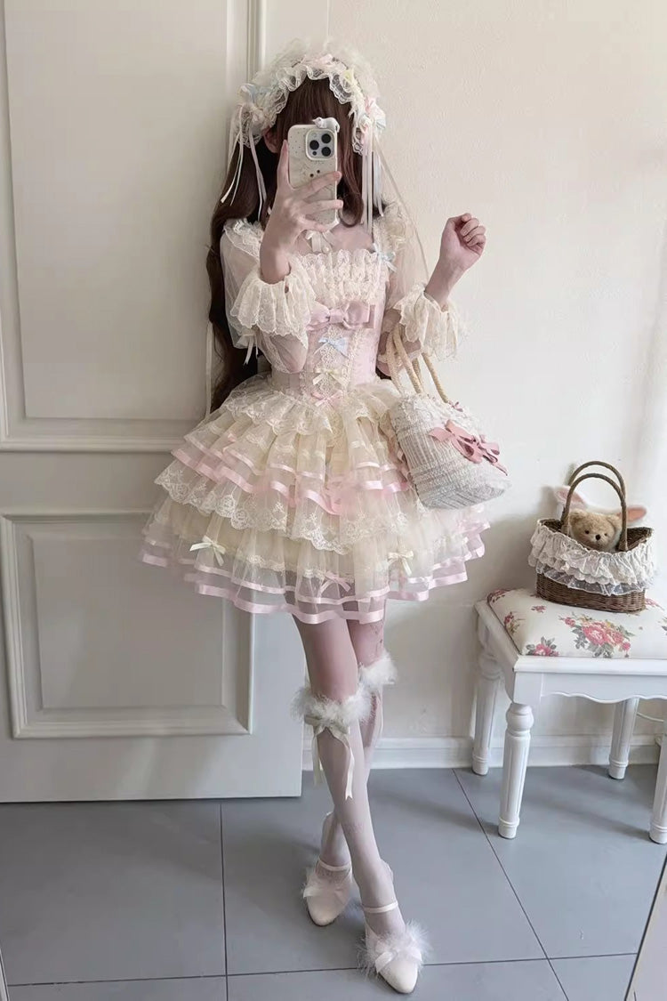 Pink [Butterfly Heart Ballet] Triple-Layered Ruffle Bowknot Lace Sweet Ballet Lolita Jsk Dress