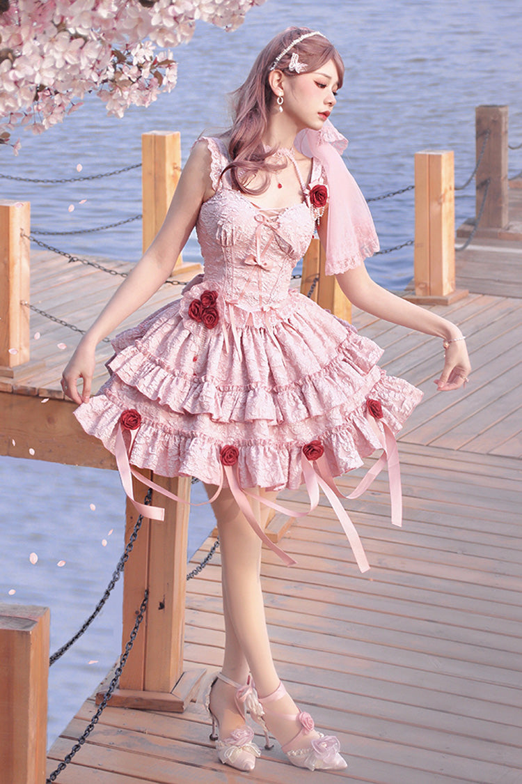 Rosa Weinende Rose Doppellagiges Rüschenstickerei Bowknot Spitze Süßes Ballett Lolita Rock Set