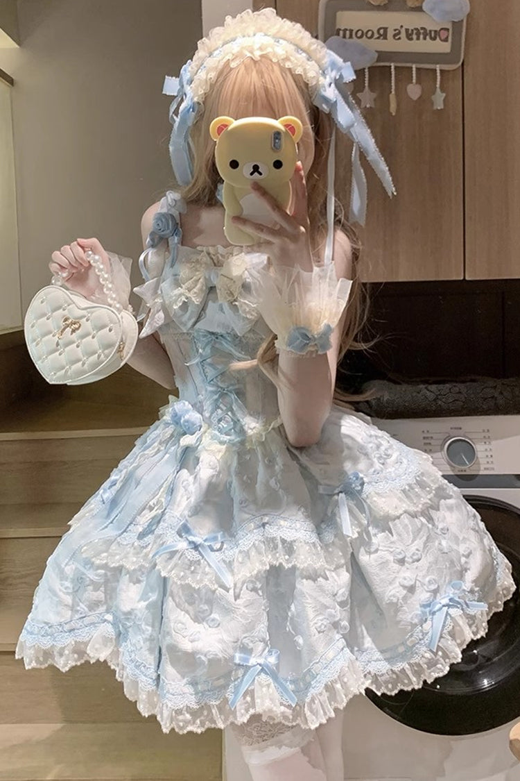 Robe Sweet Lolita Jsk à volants double couche broderie nœud papillon en dentelle [Floral Overture] bleue 