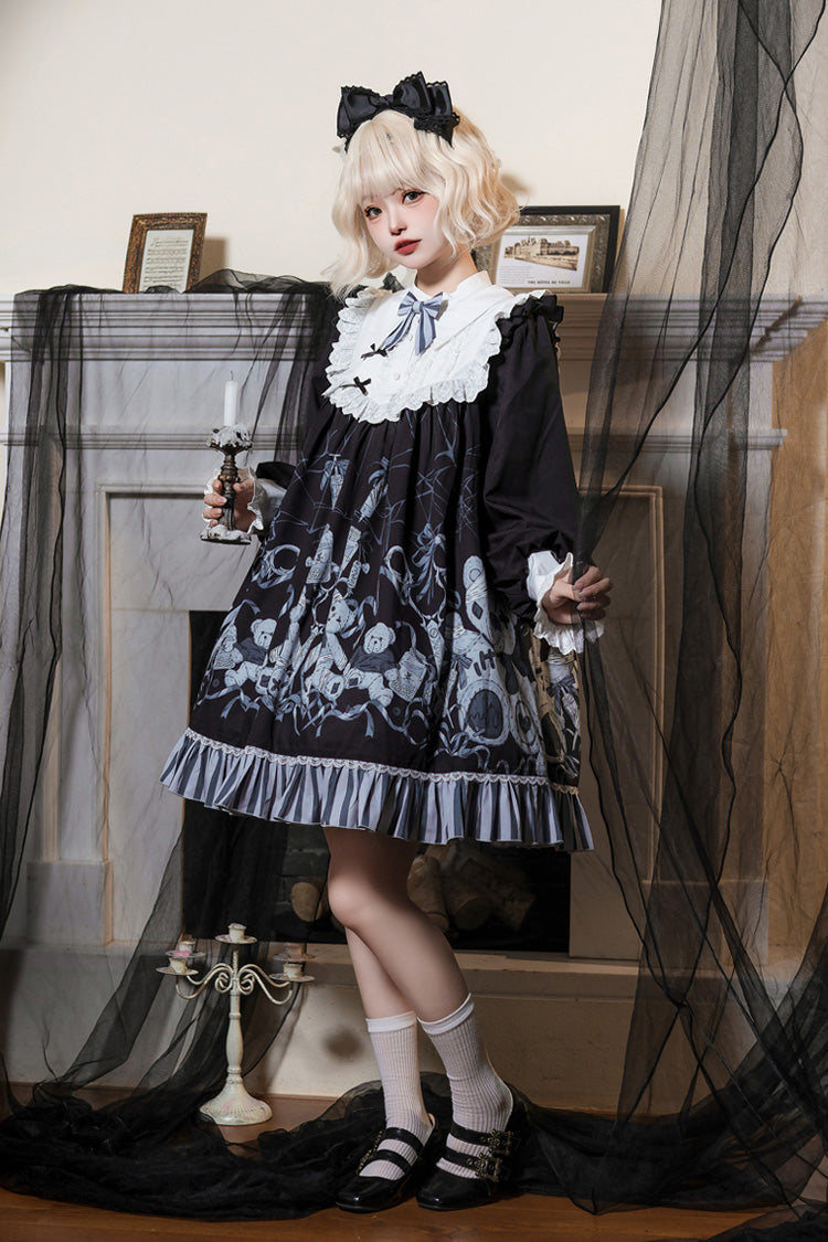 Black Bandage Bear Print Long Sleeves Ruffle Bowknot Lace Gothic Lolita Dress