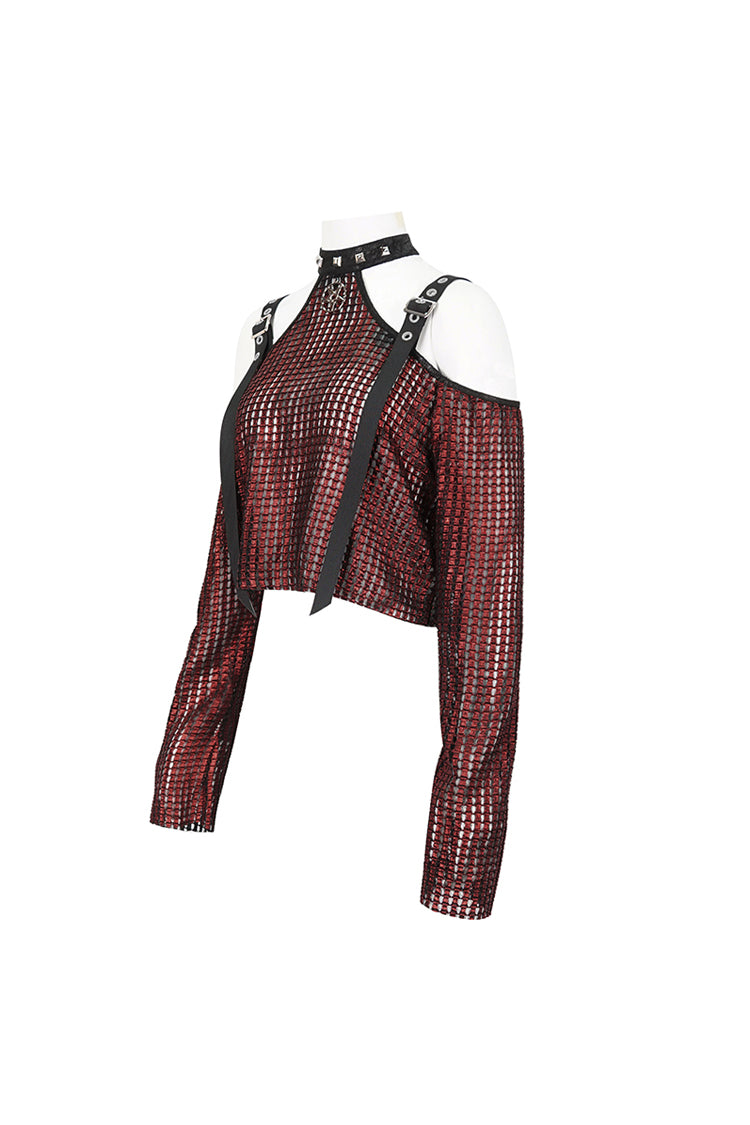 Rotes, schulterfreies, transparentes Crop-Top mit Schnalle für Damen im Gothic-Stil