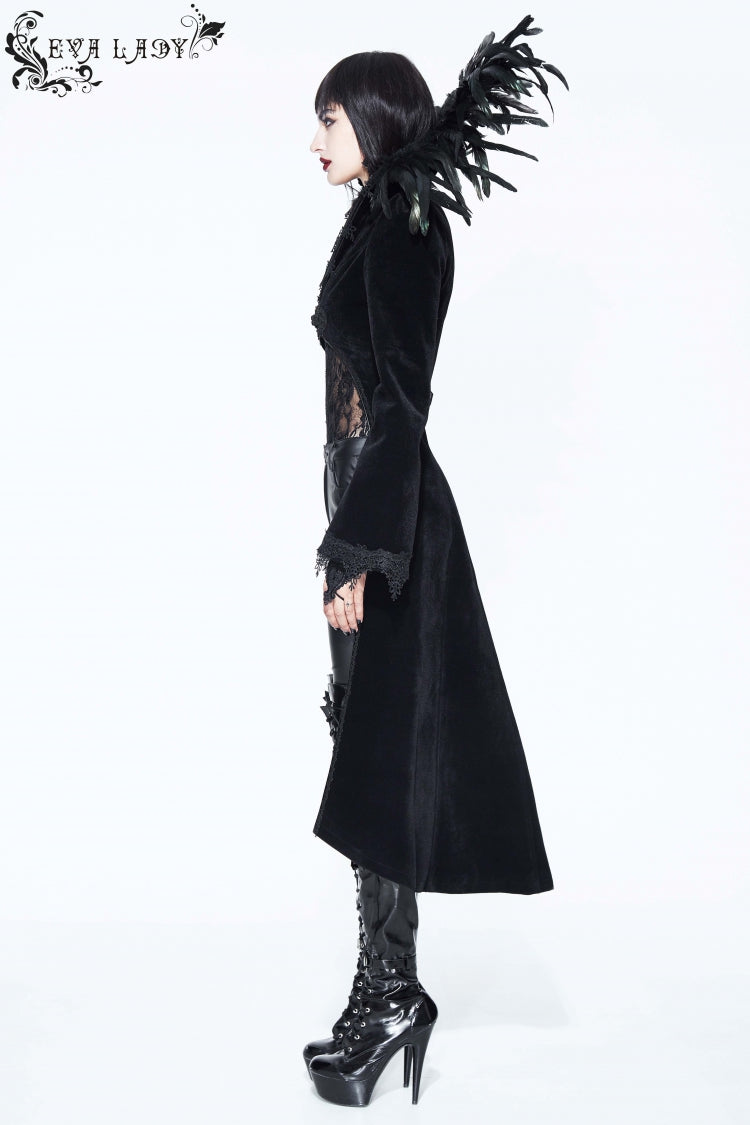 Black Feathered Collar Long Sleeves Bowknot Women's Gothic Tailcoat