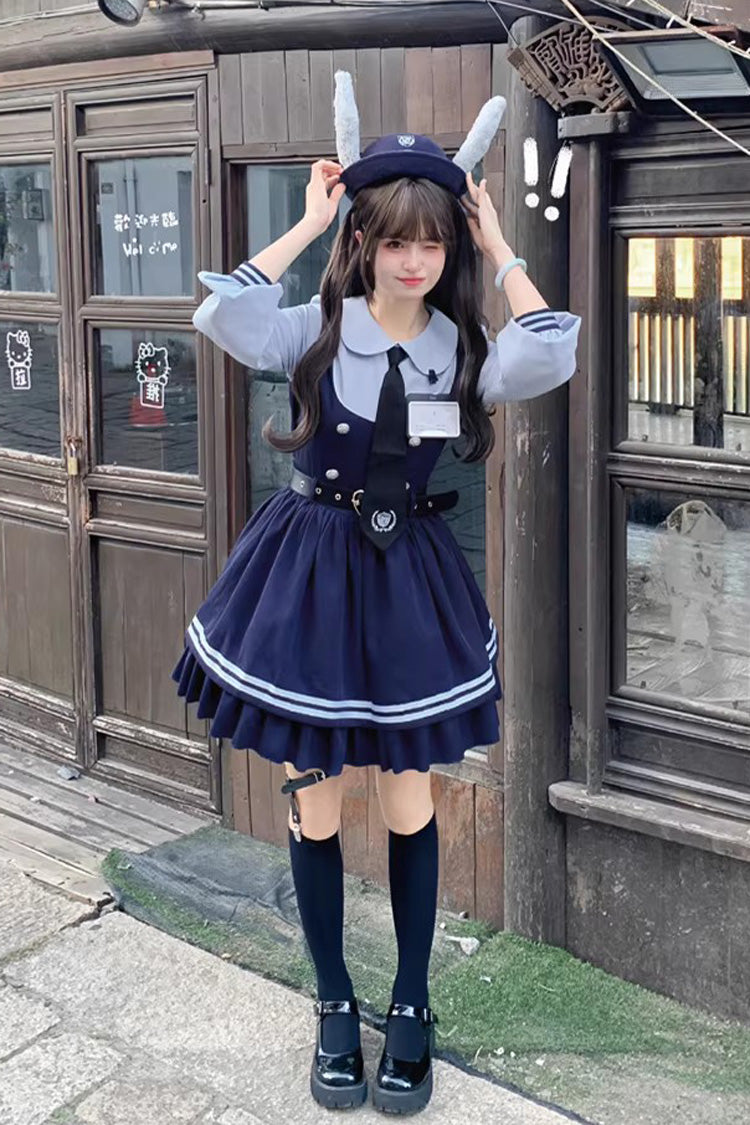 ブルー【ウサギオフィサー】長袖プリントフリルフェイクツーピースカレッジ風甘ロリータドレス