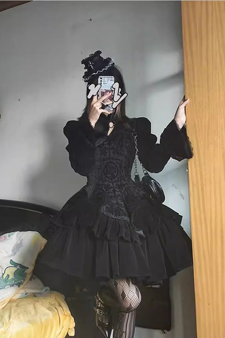 Black Long Sleeves Jacquard Print Ruffle Classic Gothic Lolita Dress