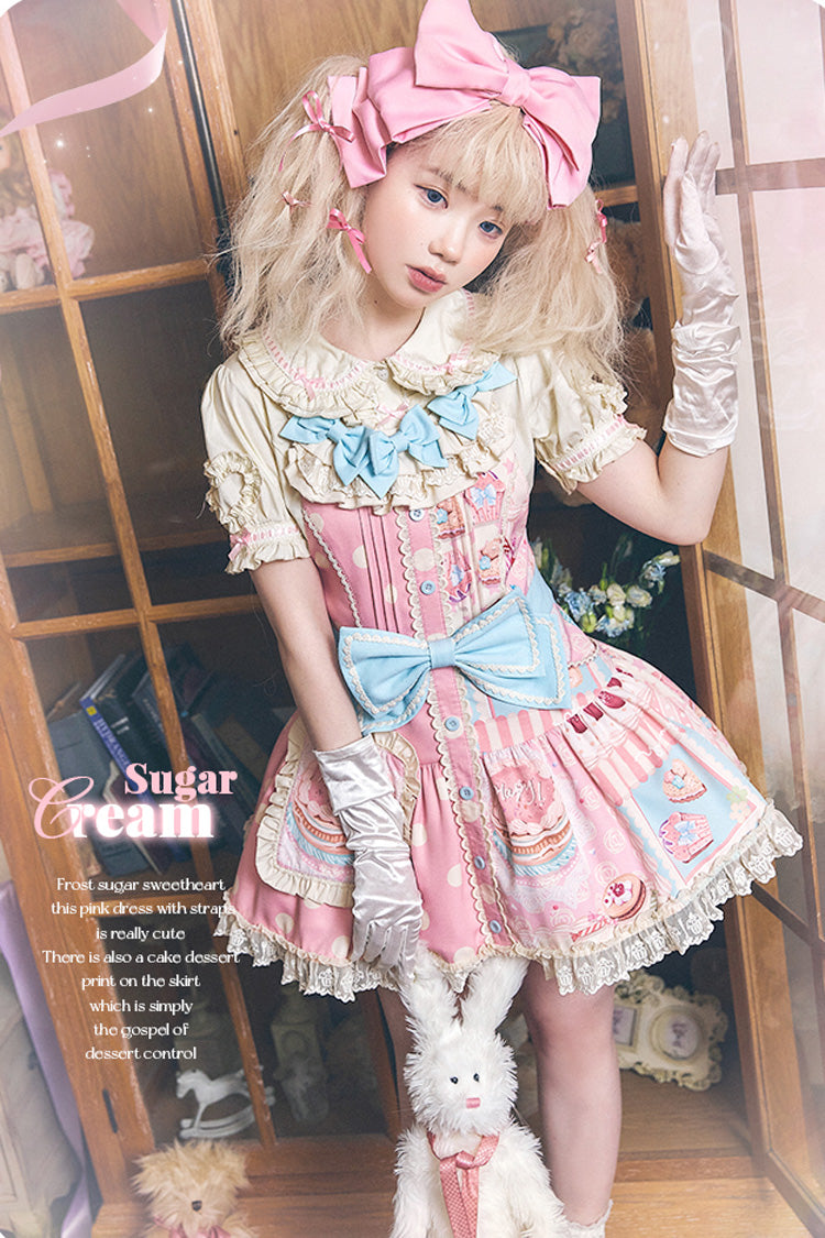 Pink Cake Chocolate Dessert Print Ruffle Bowknot Sweet Lolita Strap Dress