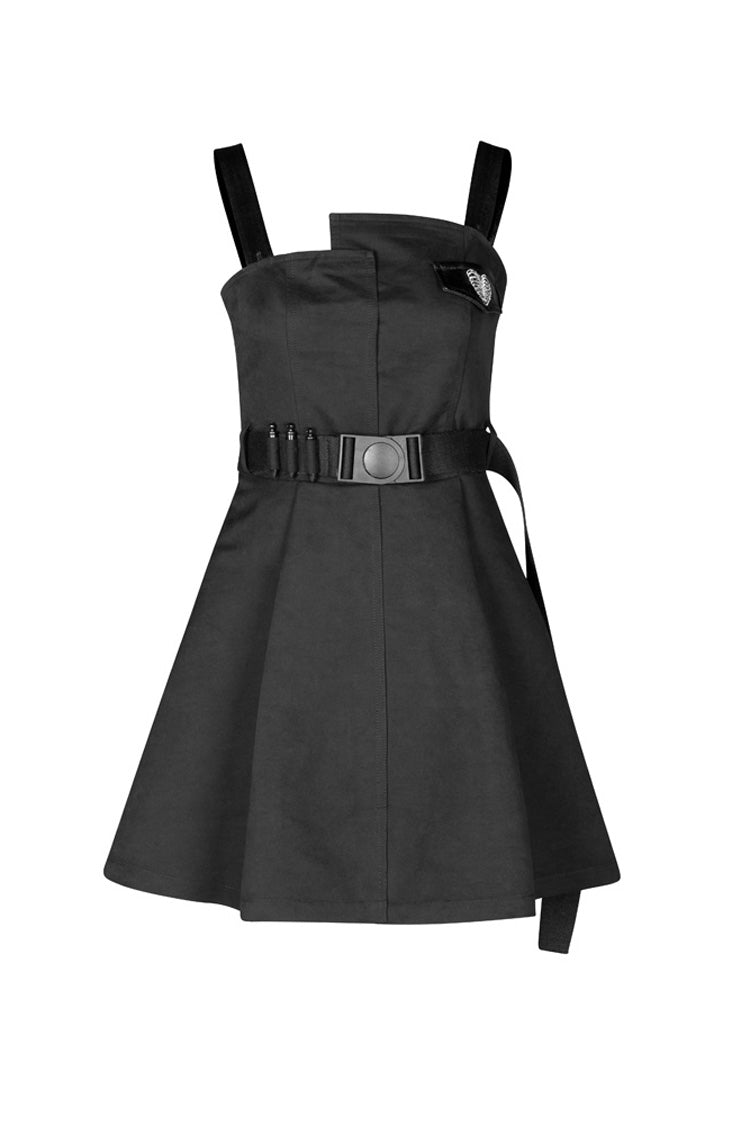 Black High Waist Belted PU Leather Strap Irregular Women's Steam Punk Dress