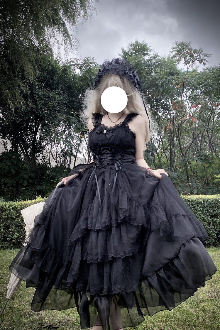 Schwarzes [Mondscheinsonate] Rüschen-Cardigan mit Schleife und Spitze, Gothic Vintage Lolita Jsk Kleid