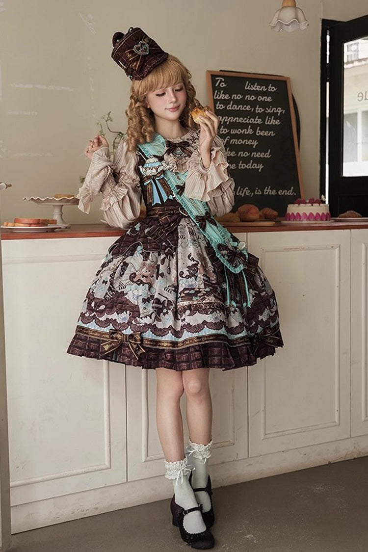 Brown [Teddy Bear Chocolate] Sleeveless Print Ruffle Bowknot Sweet Lolita Jsk Dress